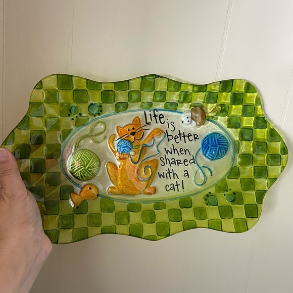 Cat Platter “Life is Better When Shared with a Cat!" Reverse Painted Green Glass - Picture 1 of 8